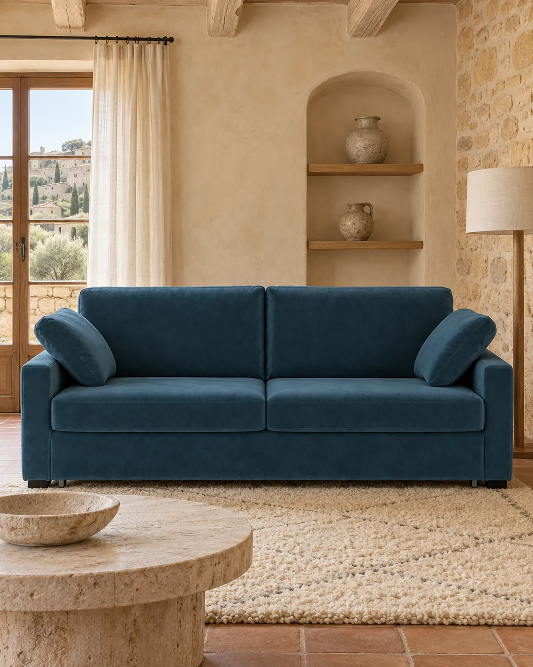 Plan rapproché du canapé Timor La Redoute 4 places convertible en velours, coloris bleu de prusse, style contemporain, dans un salon (mise en situation illustrée par IA)