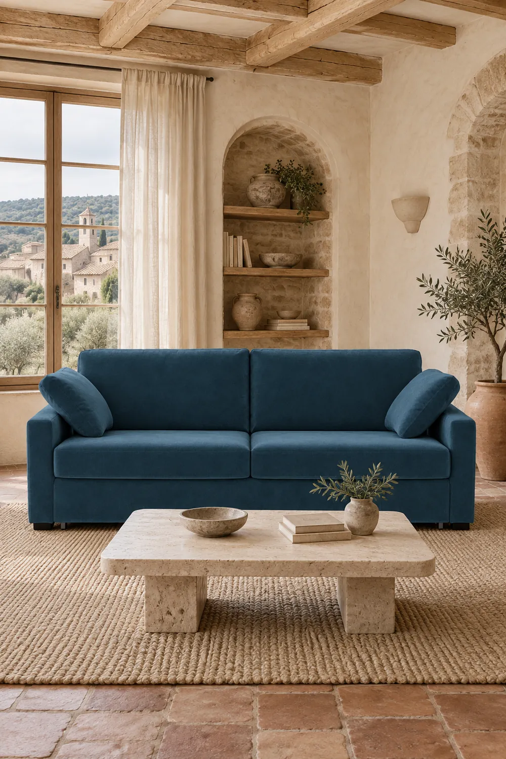Vue d'ensemble du canapé Timor La Redoute 4 places convertible en velours, coloris bleu de prusse, style contemporain, dans un salon (mise en situation illustrée par IA)
