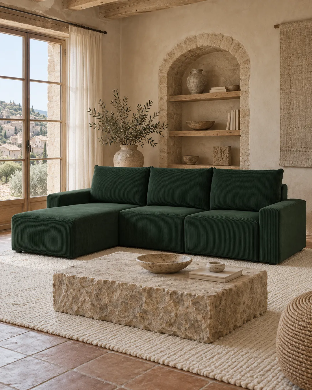 Plan rapproché du canapé Romane Usinestreet d'angle en velours, coloris vert foncé, style contemporain, dans un salon (mise en situation illustrée par IA)