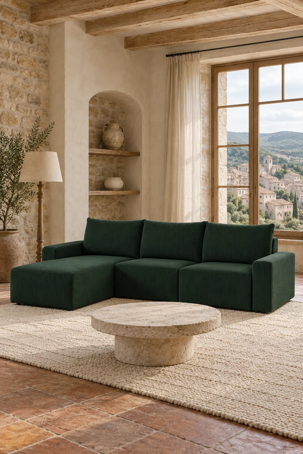 Vue d'ensemble du canapé Romane Usinestreet d'angle en velours, coloris vert foncé, style contemporain, dans un salon (mise en situation illustrée par IA)