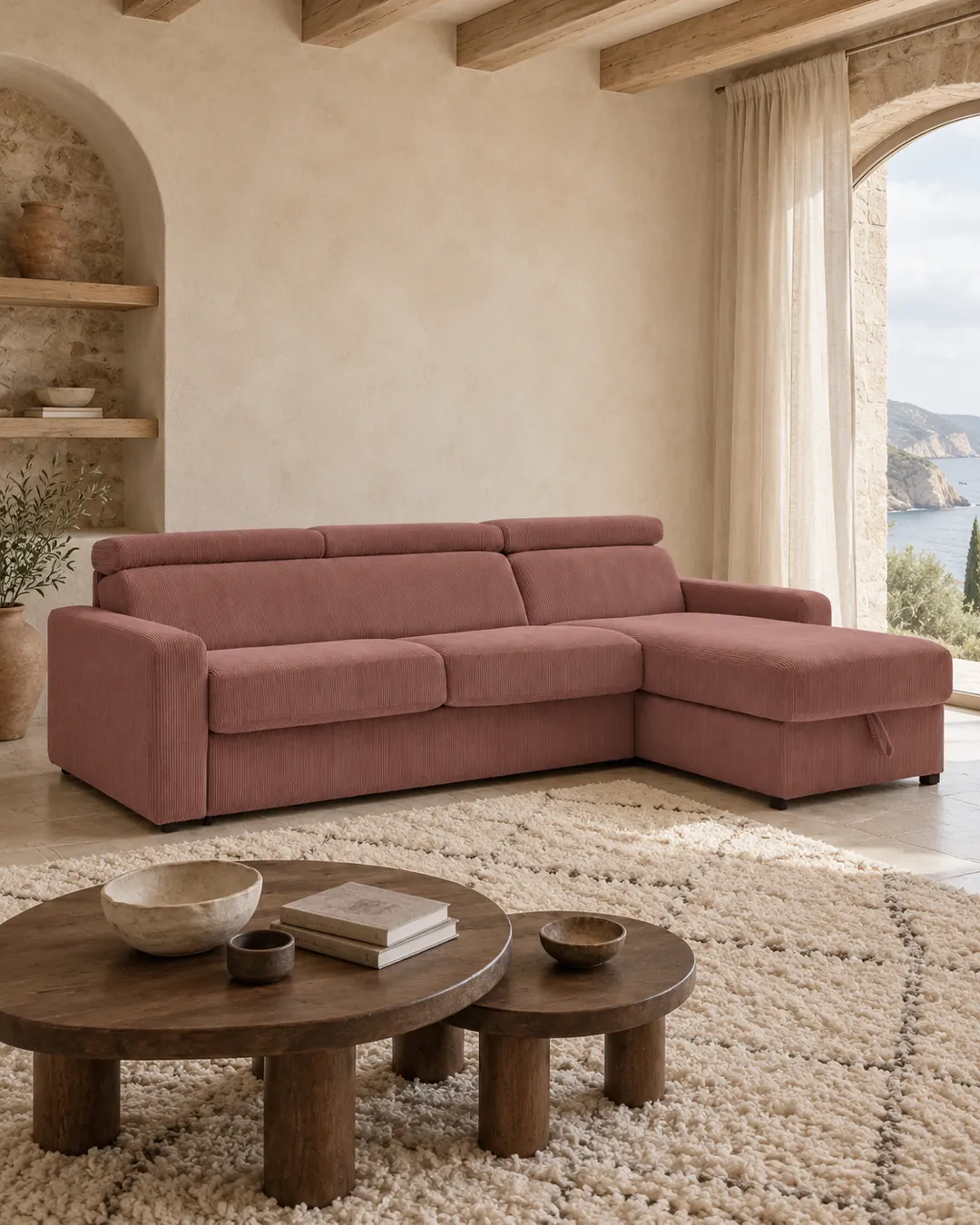 Plan rapproché du canapé Monaco Bobochic d'angle convertible en velours, coloris rose, style minimaliste, dans un salon (mise en situation illustrée par IA)