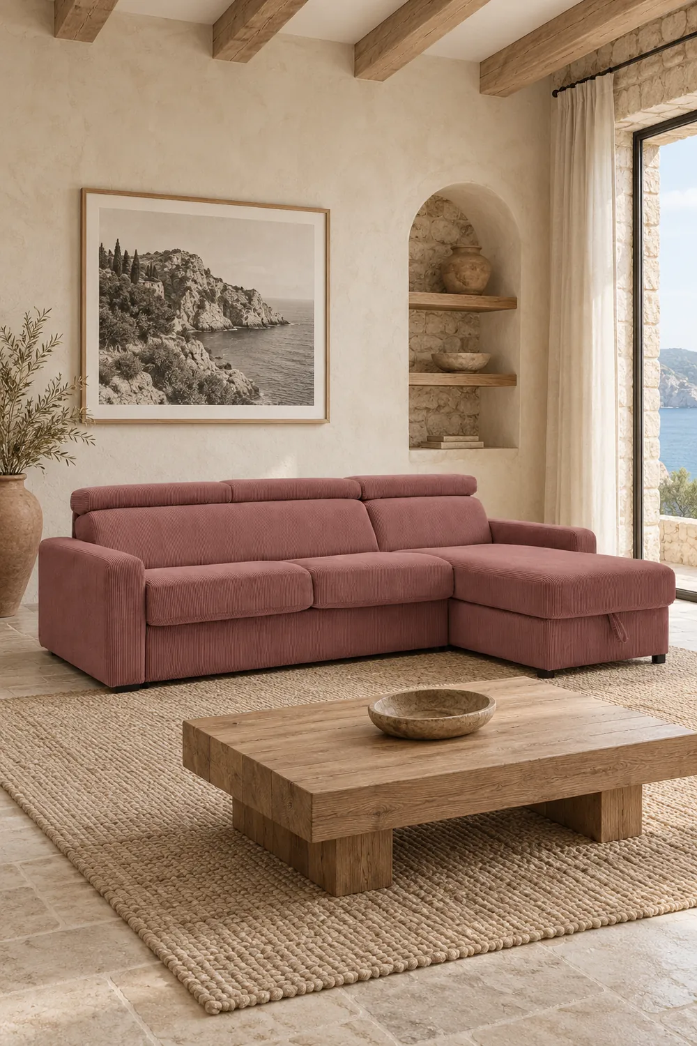 Vue d'ensemble du canapé Monaco Bobochic d'angle convertible en velours, coloris rose, style minimaliste, dans un salon (mise en situation illustrée par IA)