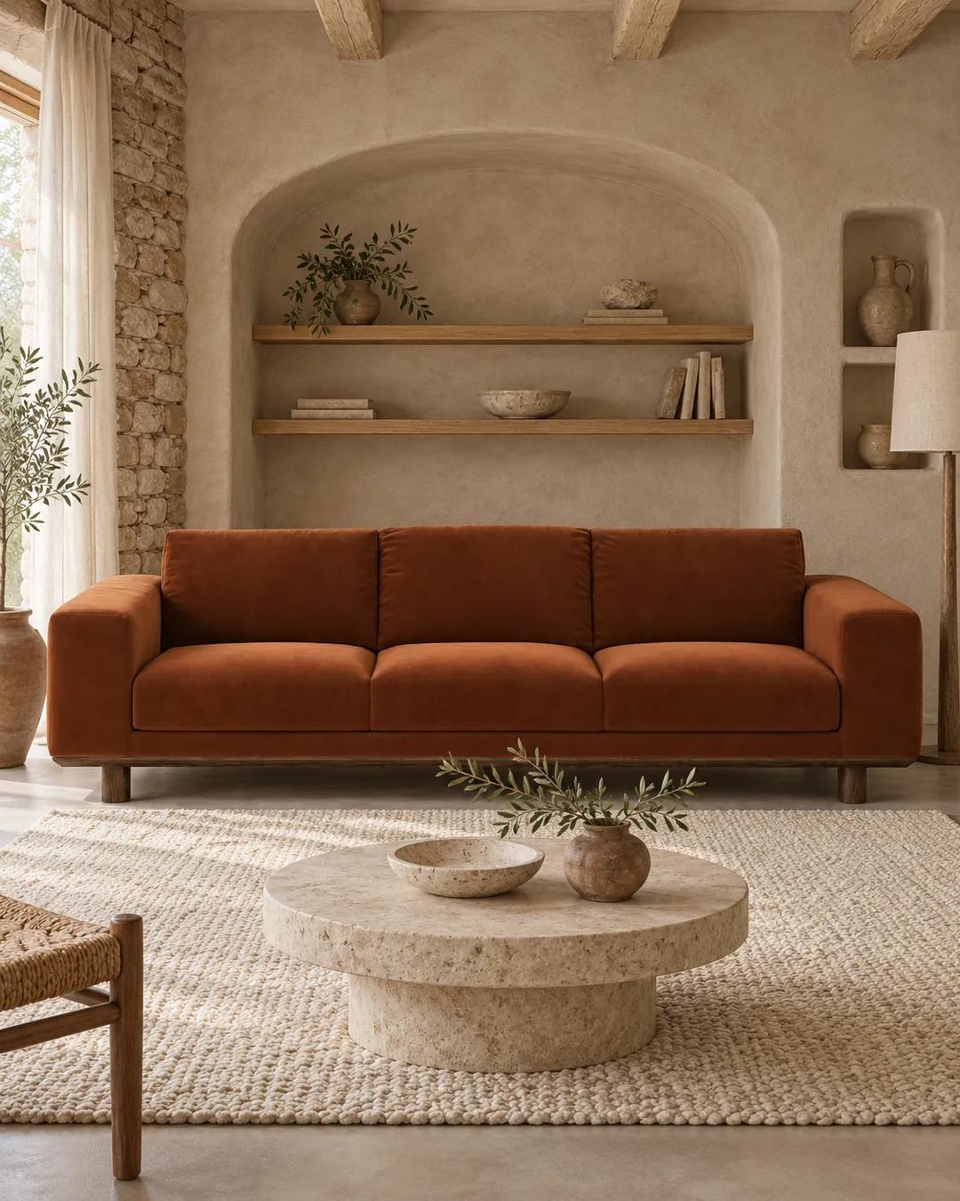 Plan rapproché du canapé Cerea La Redoute 3 places en velours, coloris caramel, style contemporain, dans un salon (mise en situation illustrée par IA)