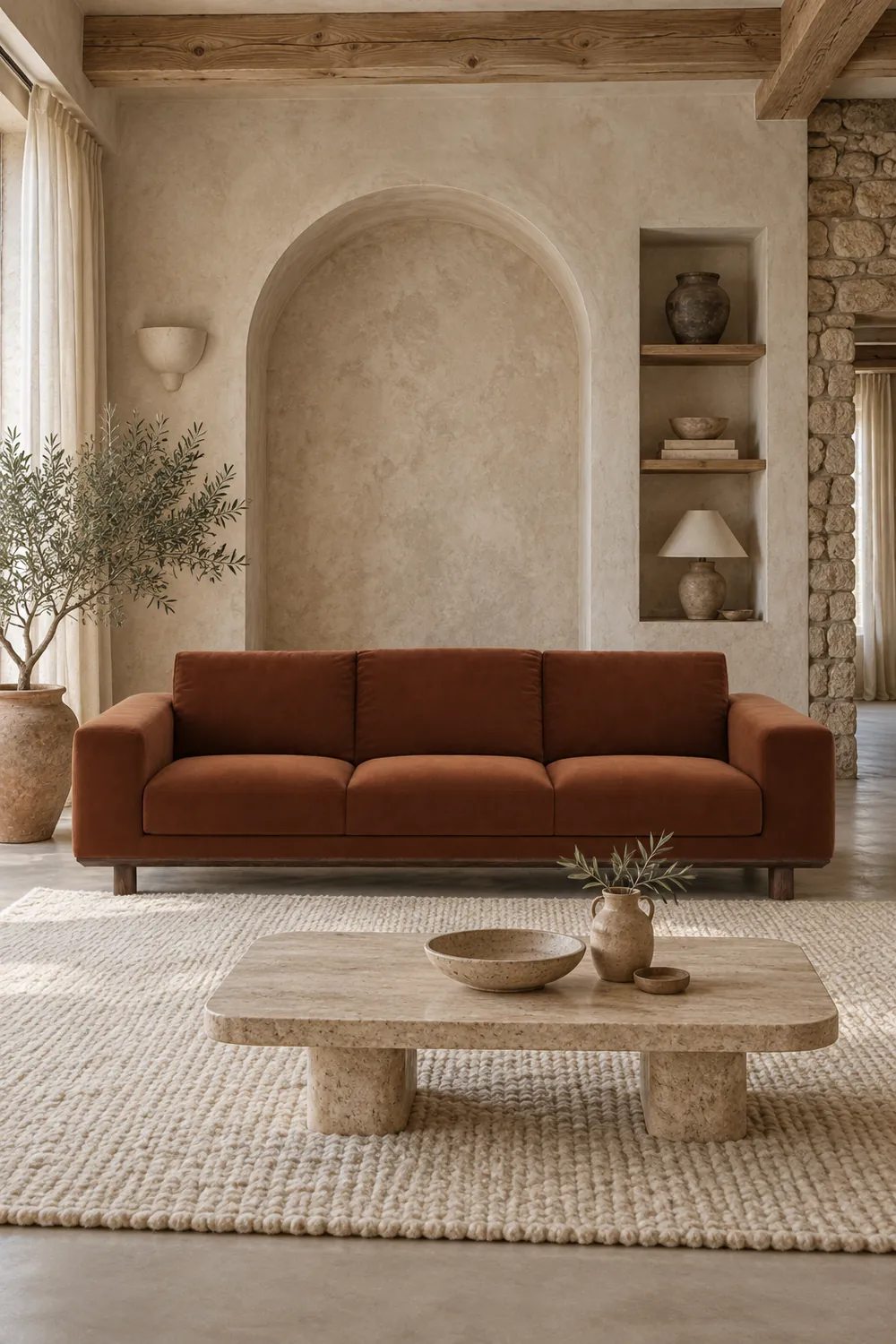 Vue d'ensemble du canapé Cerea La Redoute 3 places en velours, coloris caramel, style contemporain, dans un salon (mise en situation illustrée par IA)