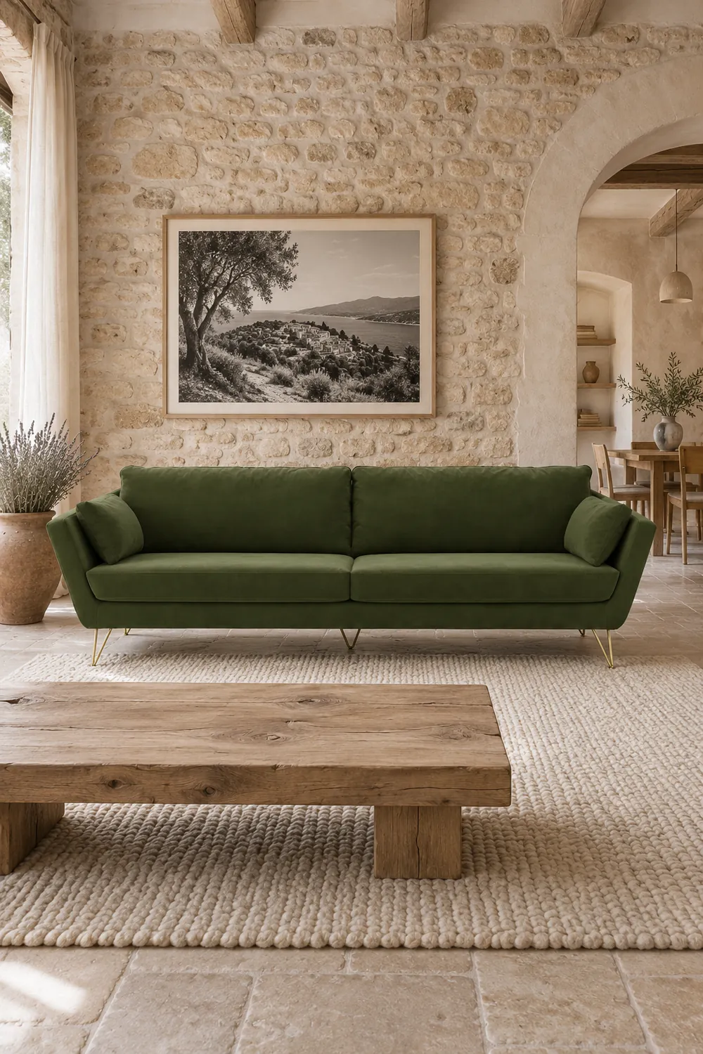 Vue d'ensemble du canapé Topim La Redoute 4 places en velours, coloris olive, style contemporain, dans un salon (mise en situation illustrée par IA)