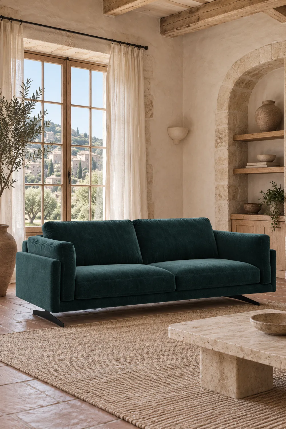 Mise en situation illustrée par IA à partir de la photo du coloris Vue d'ensemble du canapé Cesar La Redoute d'angle en velours, coloris vert cèdre, style contemporain, dans un salon (mise en situation illustrée par IA)