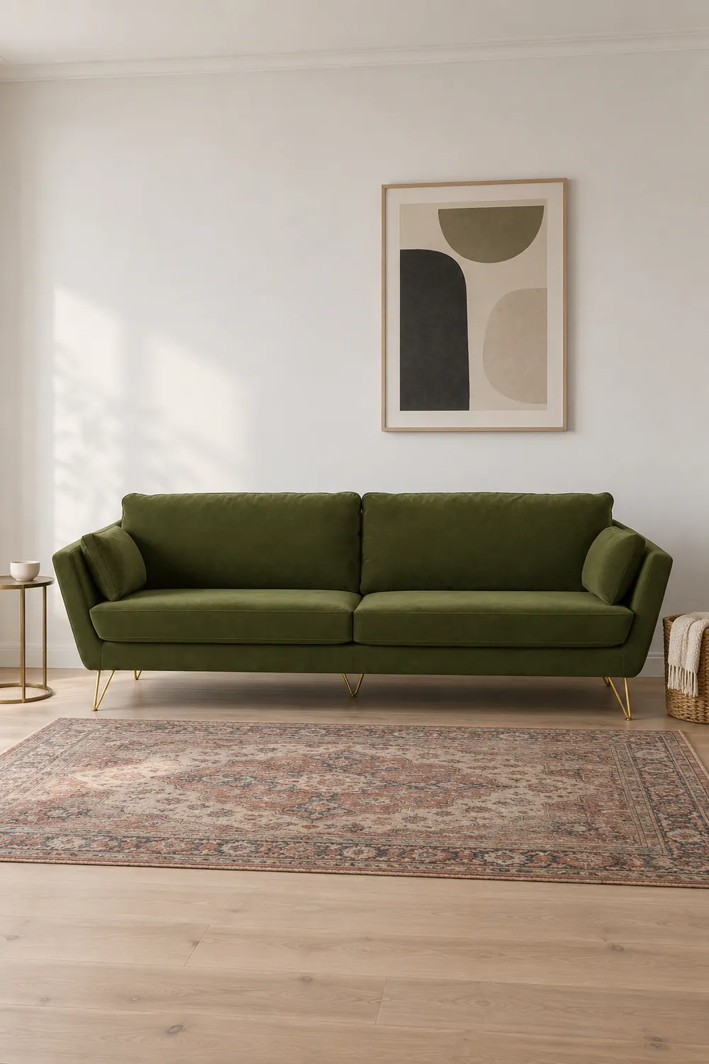 Vue d'ensemble du canapé Topim La Redoute 3 places en velours, coloris olive, style contemporain, dans un salon clair de style nordique (mise en situation illustrée par IA)