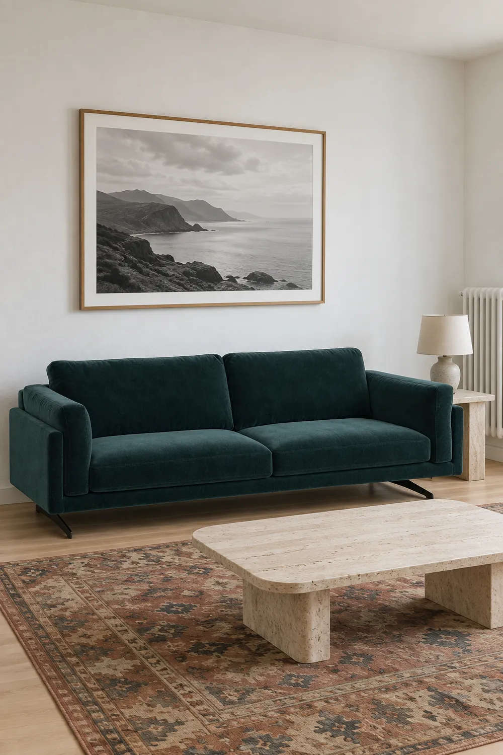 Vue d'ensemble du canapé Cesar La Redoute 4 places en velours, coloris vert sarcelle, style contemporain, dans un petit salon d'appartement (mise en situation illustrée par IA)