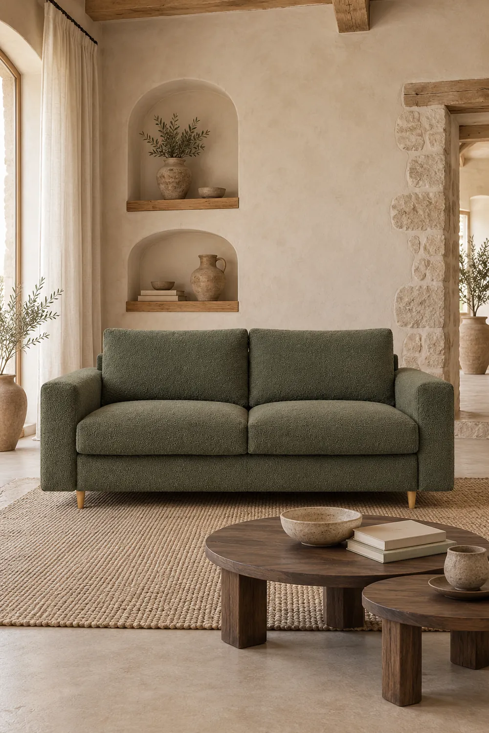 Vue d'ensemble du canapé Cocoone Bobochic 3 places convertible en bouclette, coloris vert, style minimaliste, dans un salon (mise en situation illustrée par IA)