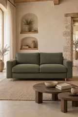 Vue d'ensemble du canapé Cocoone Bobochic 3 places convertible en bouclette, coloris vert, style minimaliste, dans un salon (mise en situation illustrée par IA)