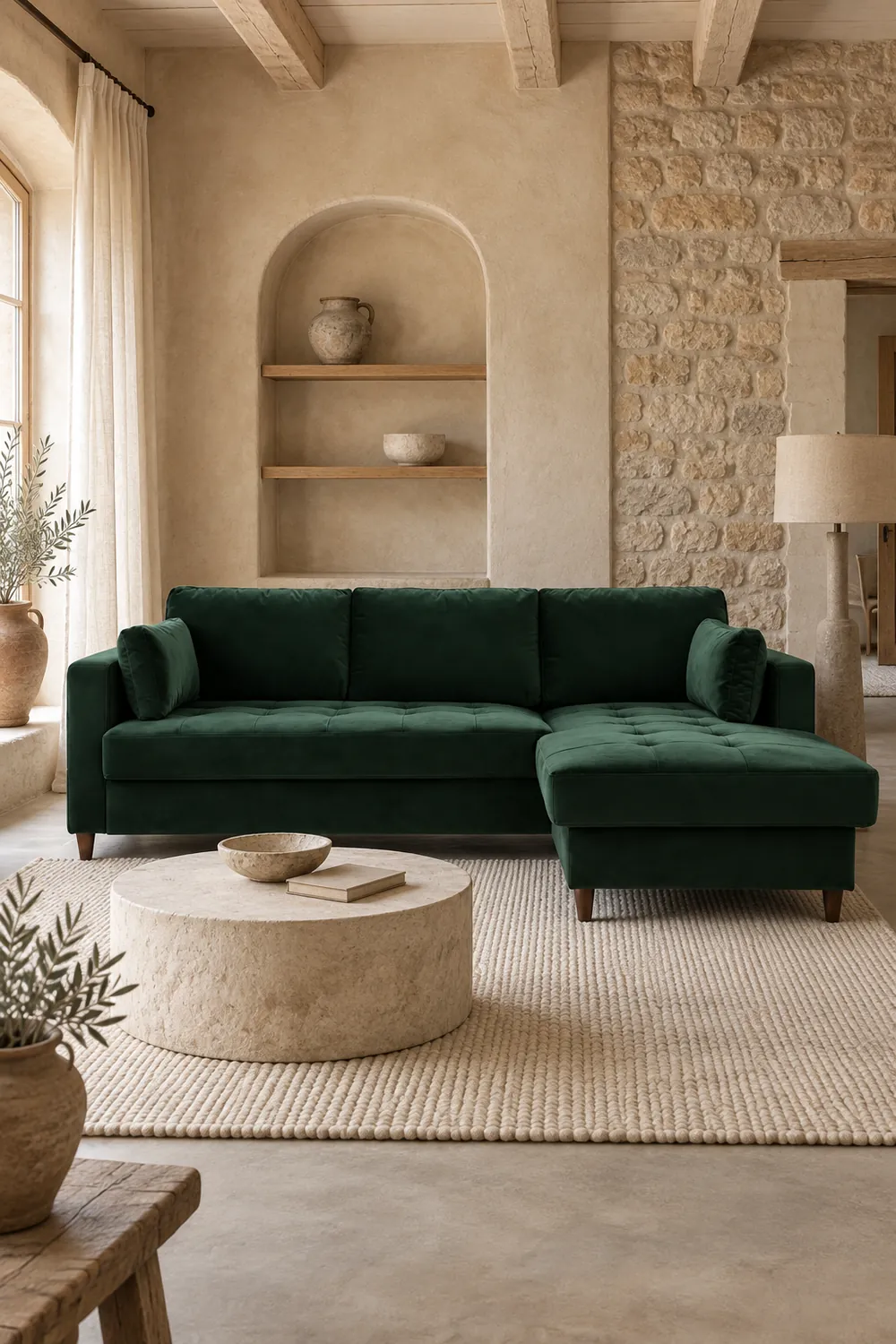 Vue d'ensemble du canapé Anna Best Mobilier d'angle convertible en velours, coloris vert, style contemporain, dans un salon (mise en situation illustrée par IA)