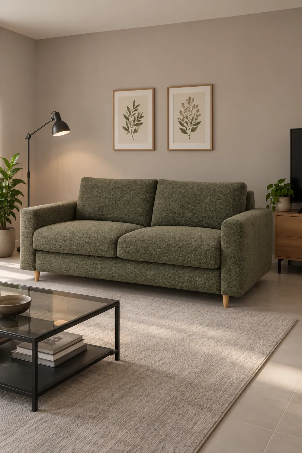 Vue d'ensemble du canapé Cocoone Bobochic 3 places convertible en bouclette, coloris vert, style minimaliste, dans un séjour familial aux murs greige (mise en situation illustrée par IA)