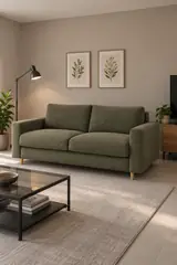 Vue d'ensemble du canapé Cocoone Bobochic 3 places convertible en bouclette, coloris vert, style minimaliste, dans un séjour familial aux murs greige (mise en situation illustrée par IA)