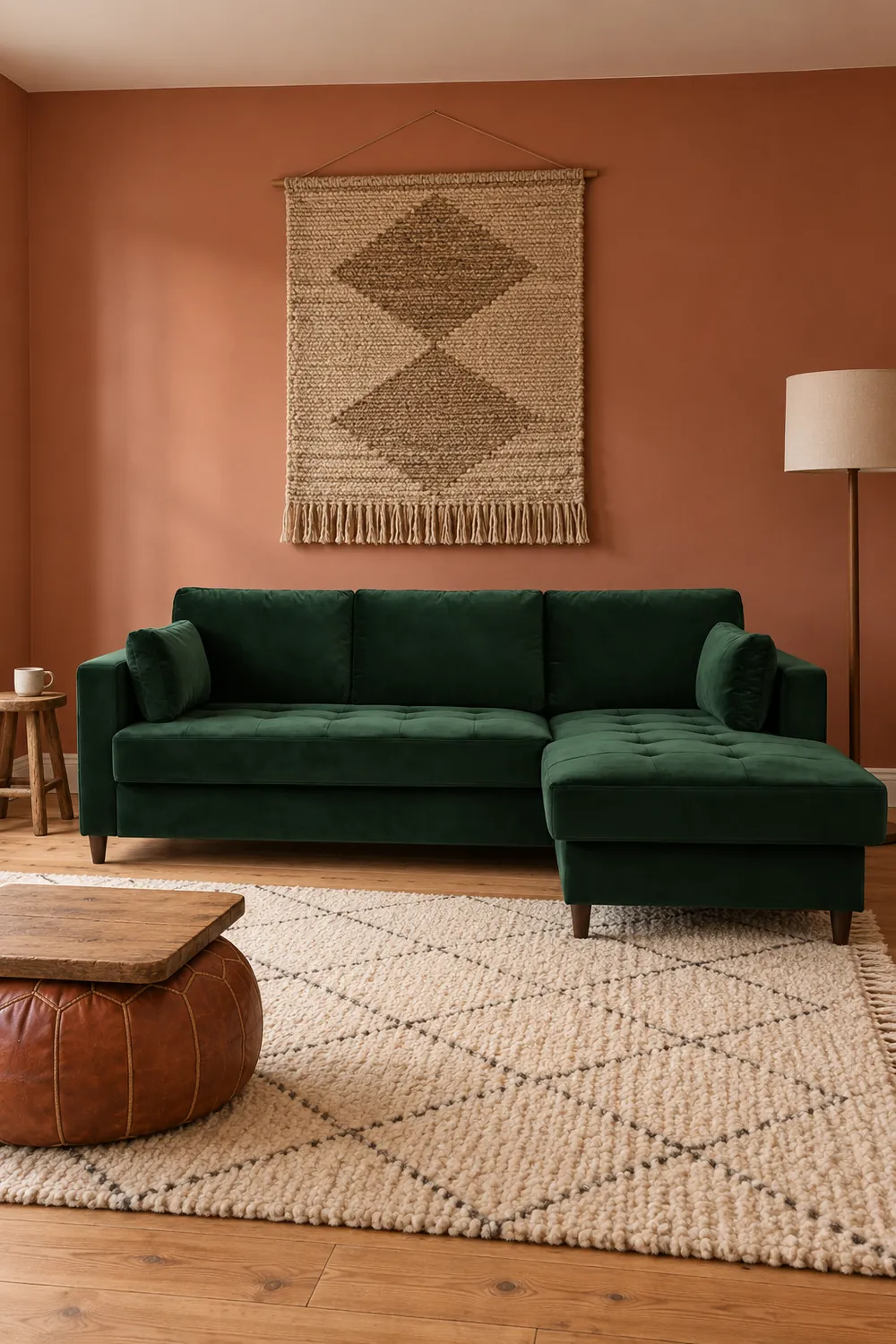 Vue d'ensemble du canapé Anna Maisons du Monde d'angle convertible en velours, coloris vert, style contemporain, dans un séjour au mur terracotta (mise en situation illustrée par IA)