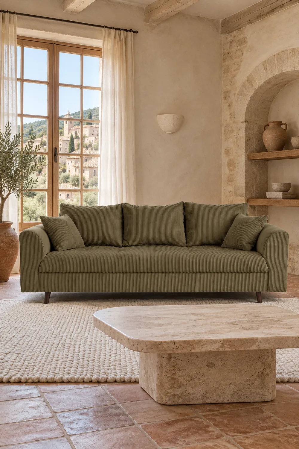 Vue d'ensemble du canapé Rune Best Mobilier 3 places en velours, coloris vert, style vintage, dans un salon (mise en situation illustrée par IA)