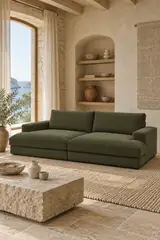 Vue d'ensemble du canapé Leonard Bobochic 4 places en velours, coloris vert clair, style contemporain, dans un salon (mise en situation illustrée par IA)