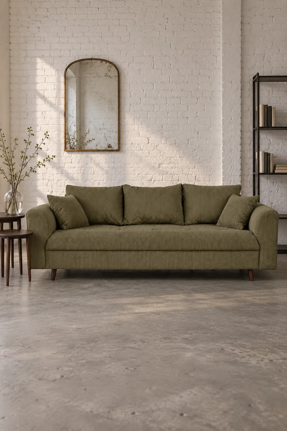 Vue d'ensemble du canapé Rune Maisons du Monde 3 places en velours, coloris vert, style vintage, dans un ancien atelier transformé en logement (mise en situation illustrée par IA)