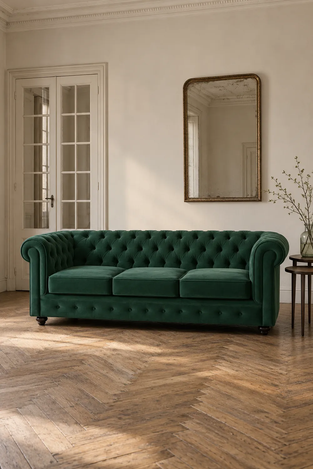 Vue d'ensemble du canapé Chesterfield Maisons du Monde 3 places en tissu, coloris vert, style chesterfield, dans un appartement ancien à Paris (mise en situation illustrée par IA)