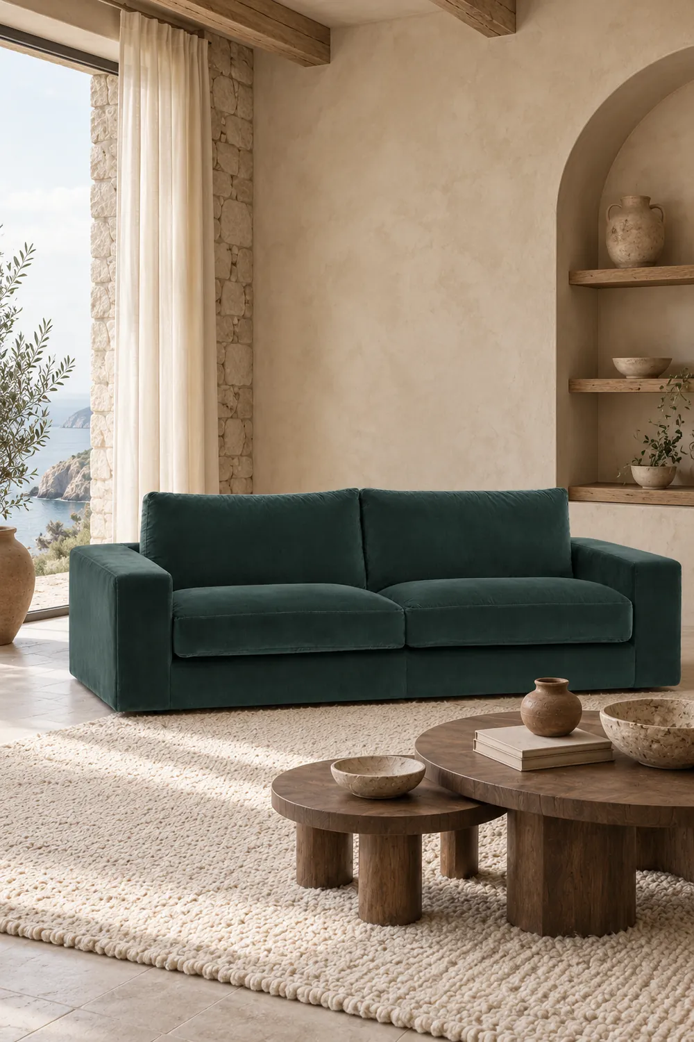 Vue d'ensemble du canapé Skander La Redoute 3 places en velours, coloris vert cèdre, style contemporain, dans un salon (mise en situation illustrée par IA)