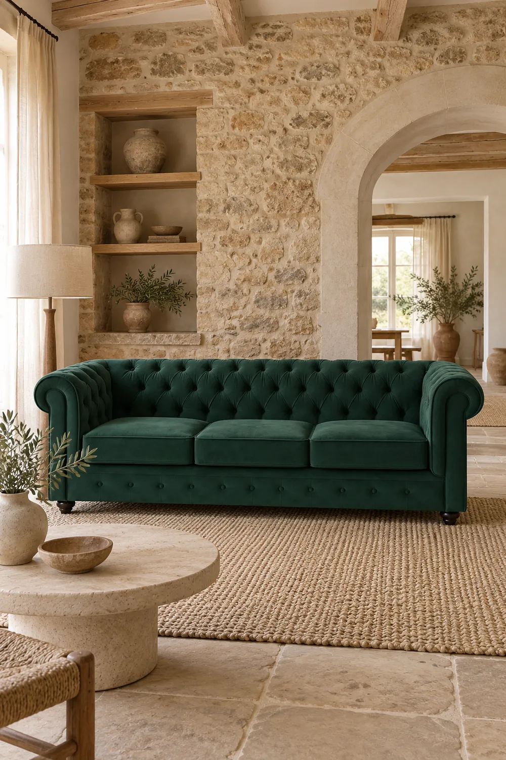 Vue d'ensemble du canapé Chesterfield Maisons du Monde 3 places en tissu, coloris vert, style chesterfield, dans un salon (mise en situation illustrée par IA)