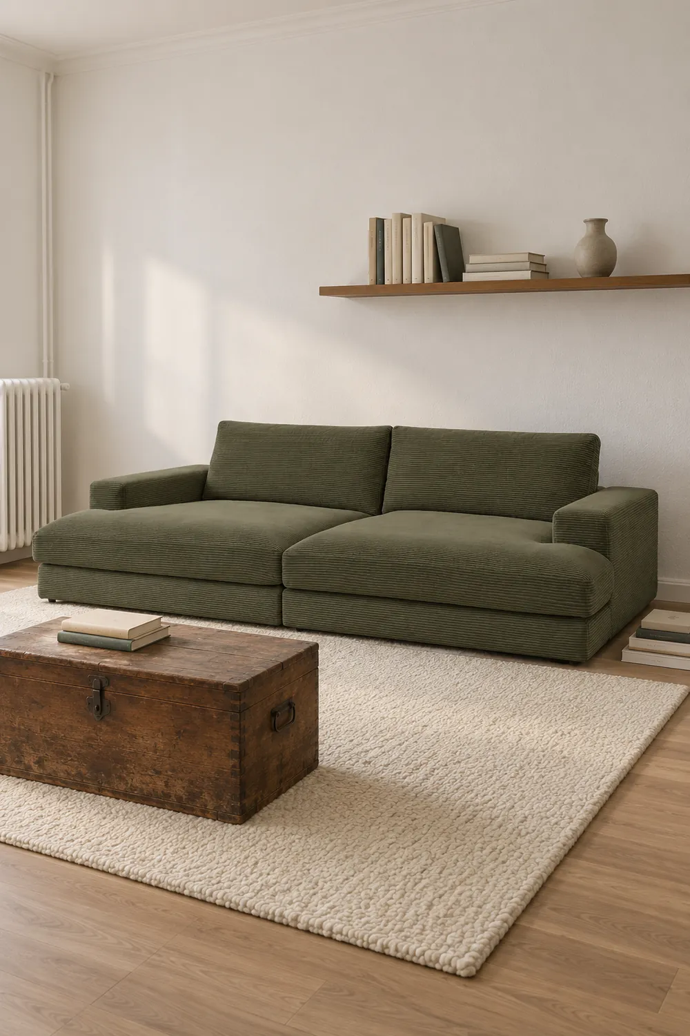 Mise en situation illustrée par IA à partir de la photo du coloris Vue d'ensemble du canapé Leonard Bobochic 4 places en velours, coloris vert clair, style contemporain, dans un petit salon d'appartement (mise en situation illustrée par IA)