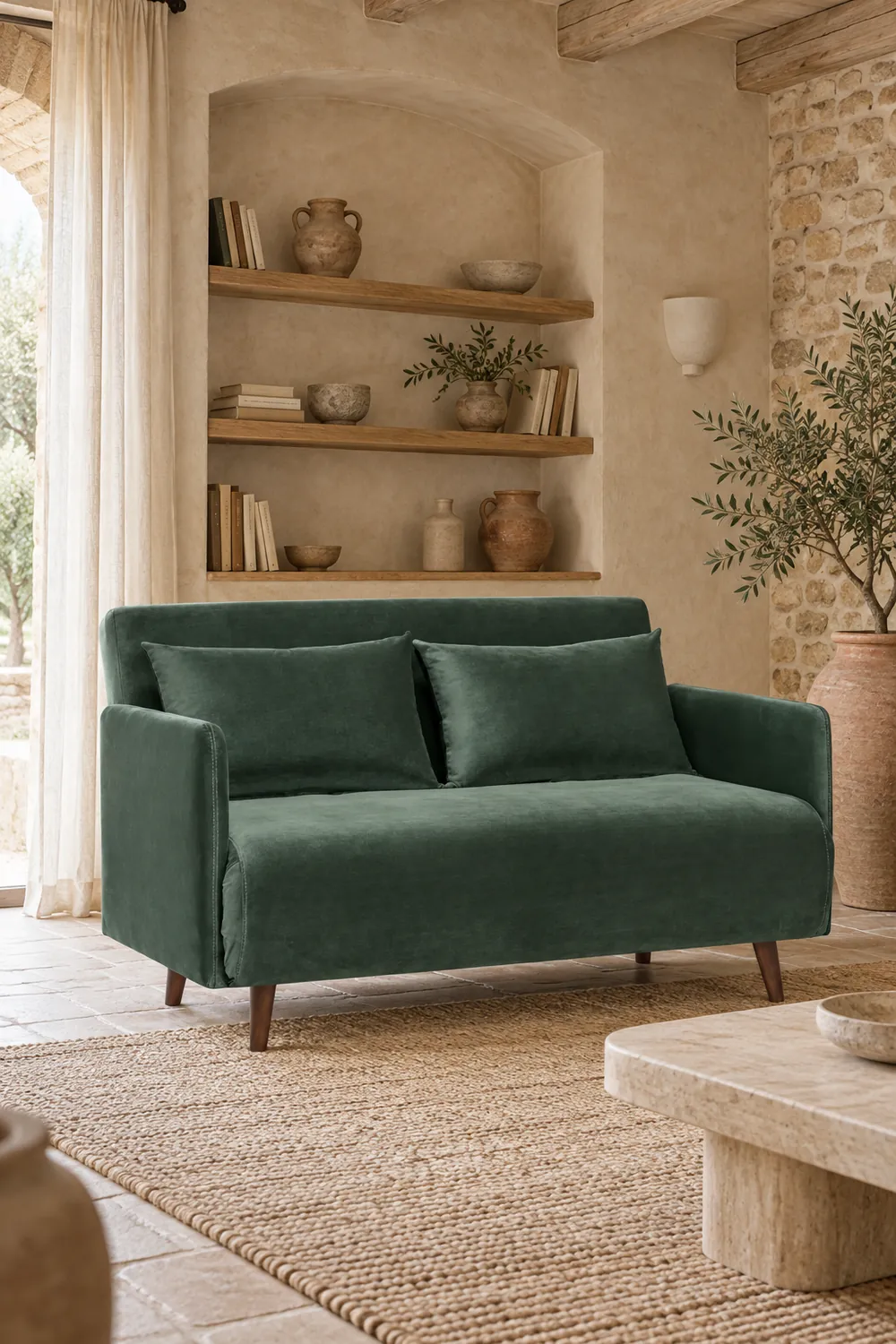 Vue d'ensemble du canapé Belushi Drawer 2 places convertible en velours, coloris vert forêt, style contemporain, dans un salon (mise en situation illustrée par IA)