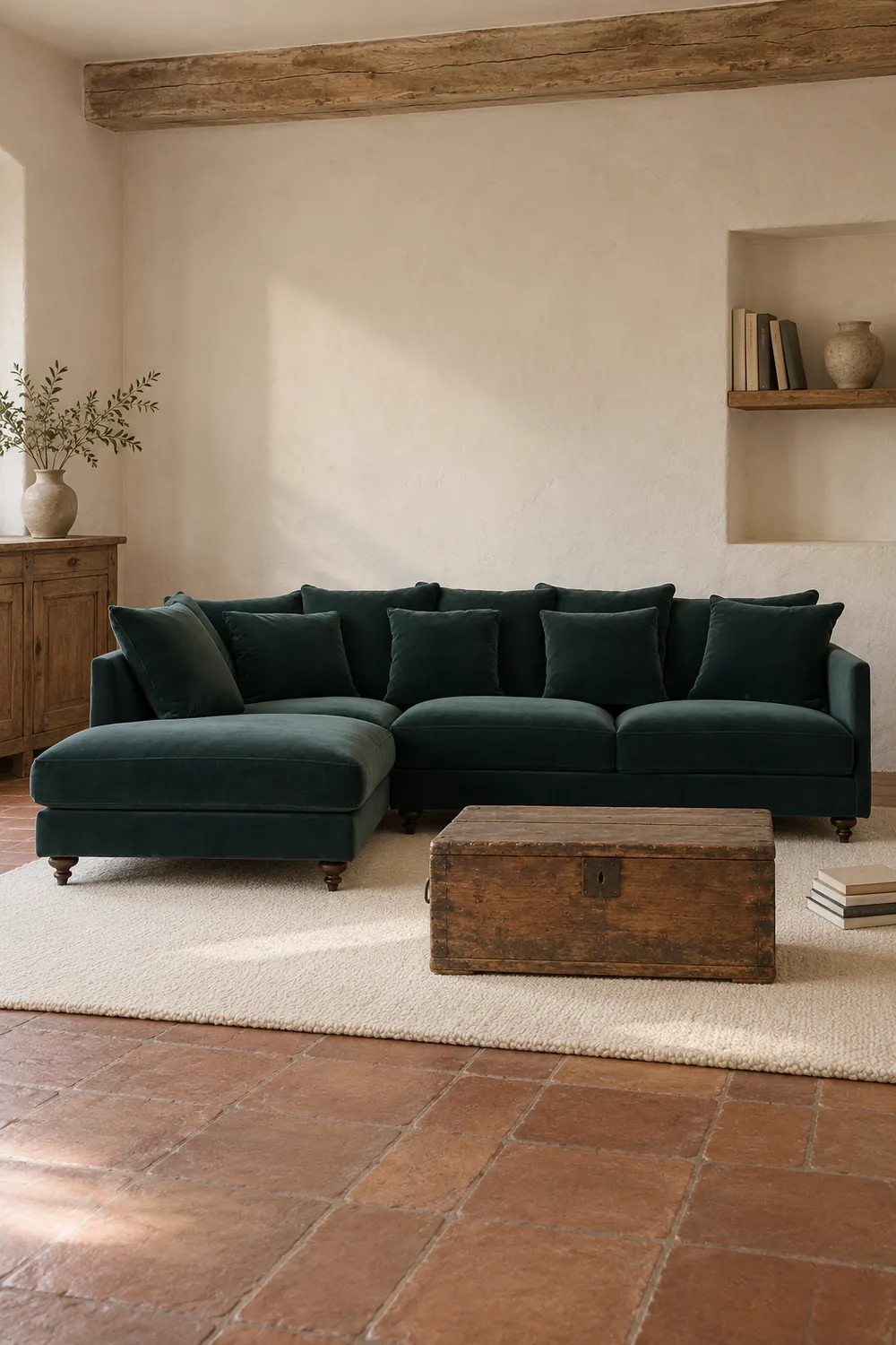 Vue d'ensemble du canapé Lazare La Redoute d'angle convertible en velours, coloris vert cèdre, style classique, dans une maison de campagne (mise en situation illustrée par IA)