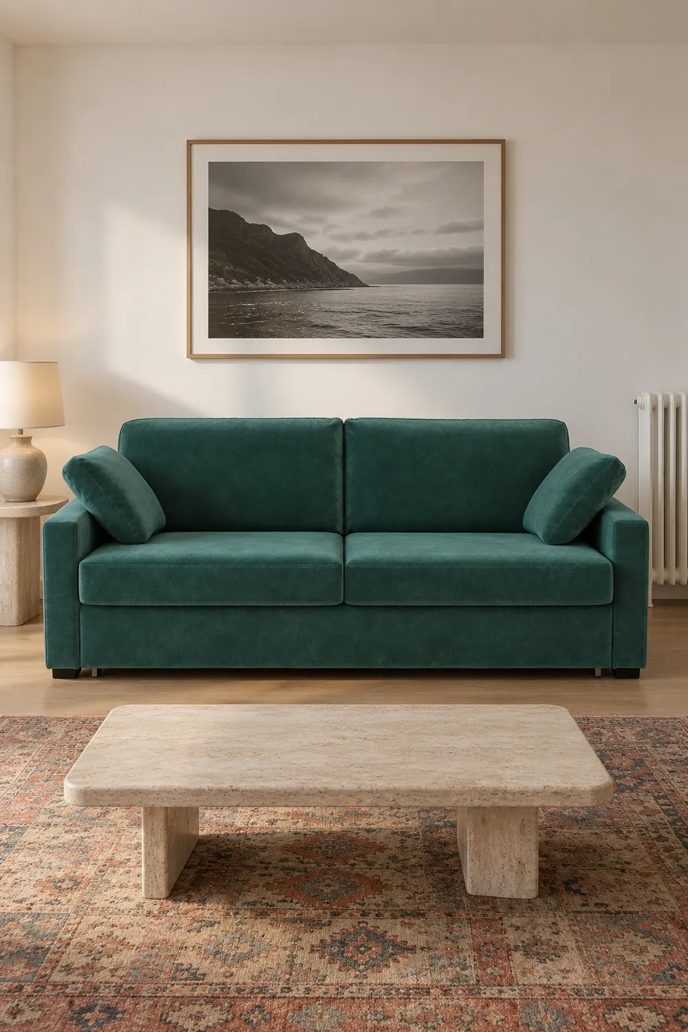 Vue d'ensemble du canapé Timor La Redoute 3 places convertible en velours, coloris vert kaki, style contemporain, dans un petit salon d'appartement (mise en situation illustrée par IA)