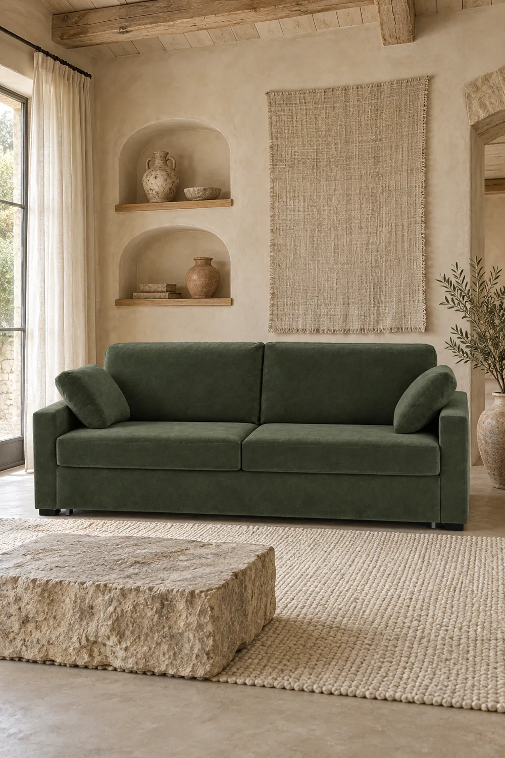 Vue d'ensemble du canapé Timor La Redoute 4 places convertible en velours, coloris emeraude, style contemporain, dans un salon (mise en situation illustrée par IA)