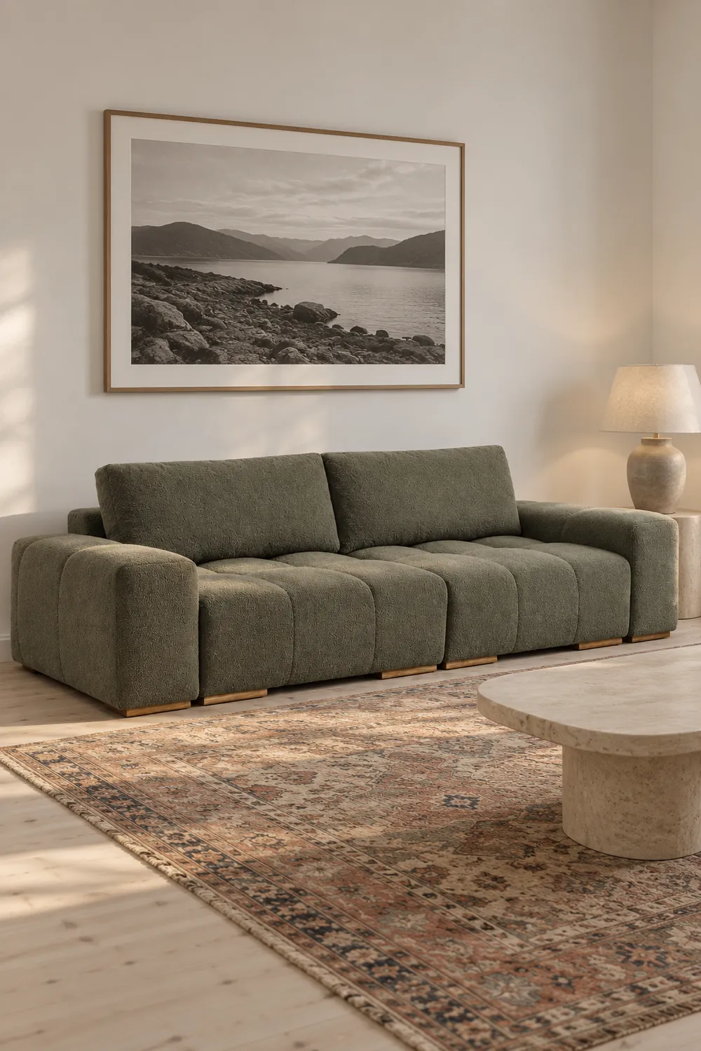 Vue d'ensemble du canapé Anakin Bobochic 3 places en bouclette, coloris vert, style contemporain, dans un salon clair de style nordique (mise en situation illustrée par IA)