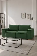 Vue d'ensemble du canapé Chelsea Bobochic 3 places convertible en velours, coloris vert, style contemporain, dans un ancien atelier transformé en logement (mise en situation illustrée par IA)