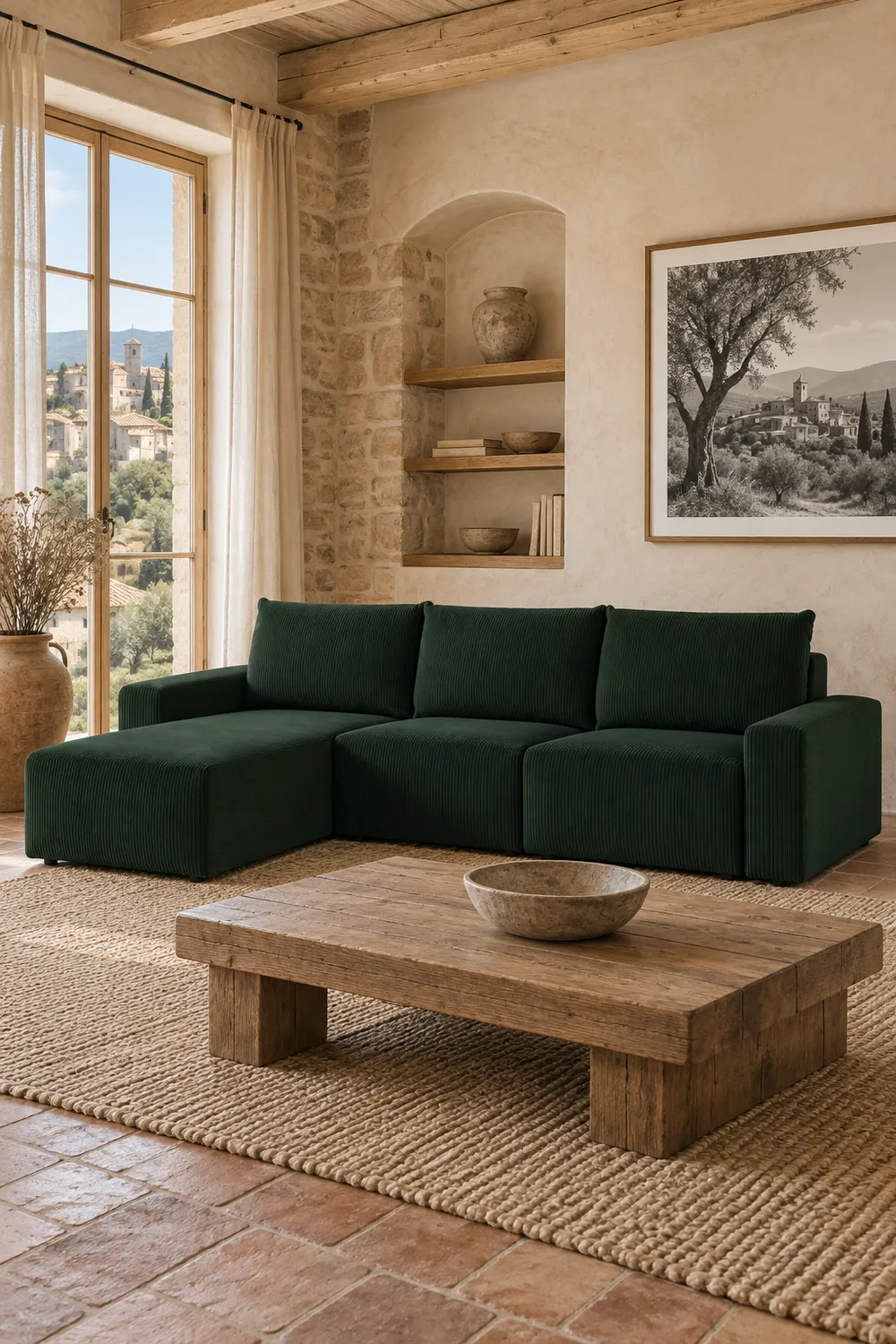 Mise en situation illustrée par IA à partir de la photo du coloris Vue d'ensemble du canapé Romane Maisons du Monde d'angle en velours, coloris vert foncé, style contemporain, dans un salon (mise en situation illustrée par IA)