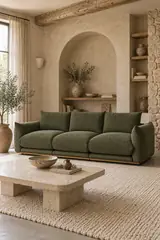 Vue d'ensemble du canapé Ernest Bobochic 3 places en velours, coloris vert, style contemporain, dans un salon (mise en situation illustrée par IA)