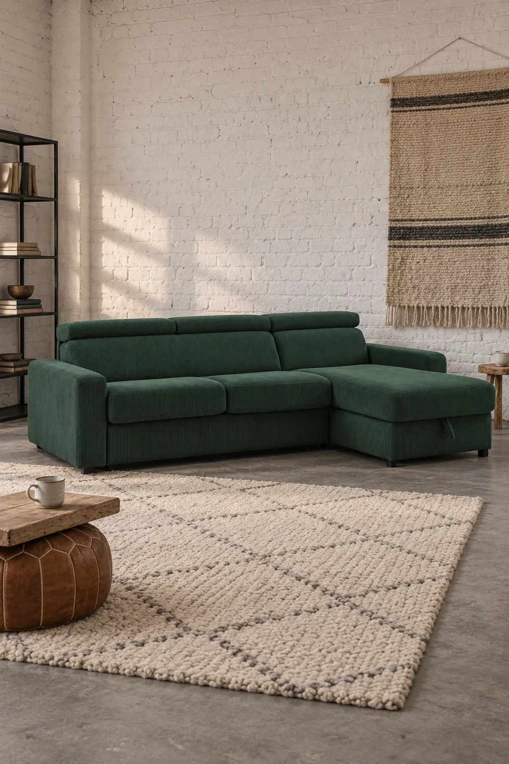 Vue d'ensemble du canapé Monaco Bobochic d'angle convertible en velours, coloris vert, style minimaliste, dans un ancien atelier transformé en logement (mise en situation illustrée par IA)