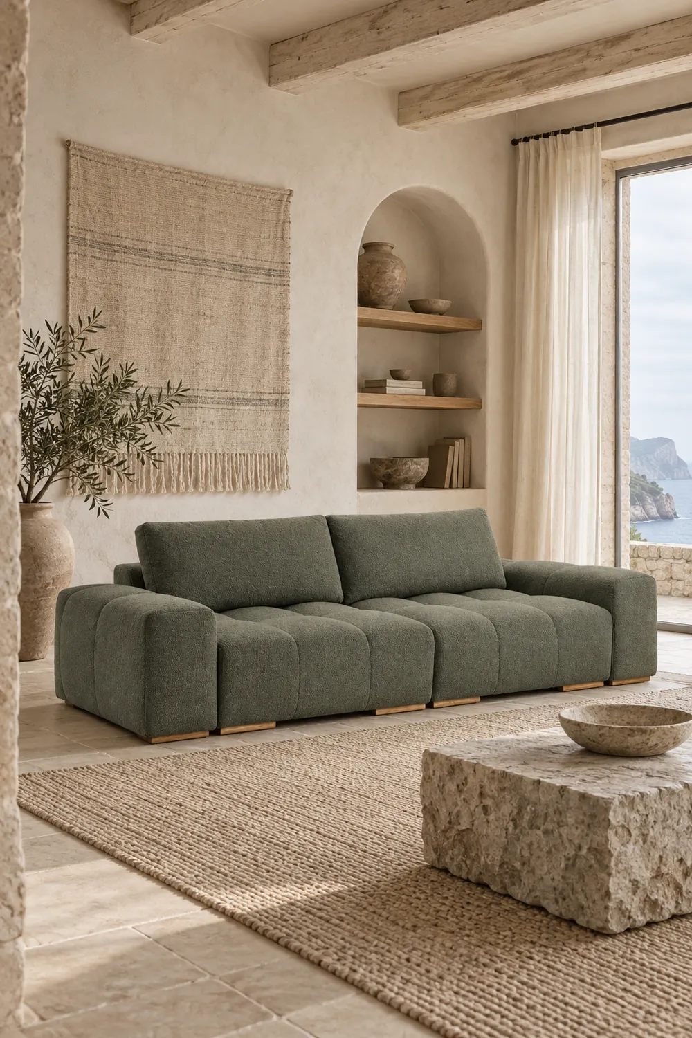 Vue d'ensemble du canapé Anakin Bobochic 3 places en bouclette, coloris vert, style contemporain, dans un salon (mise en situation illustrée par IA)