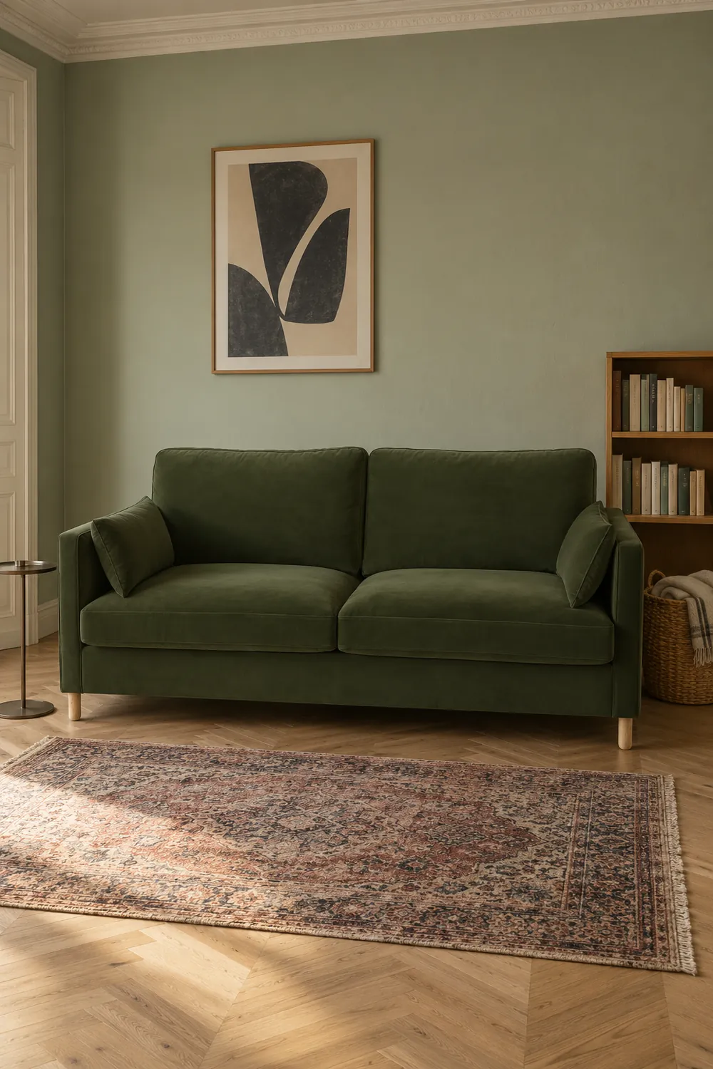 Vue d'ensemble du canapé Julian Maisons du Monde 3 places en velours, coloris mousse, style scandinave, dans un salon au mur vert sauge (mise en situation illustrée par IA)