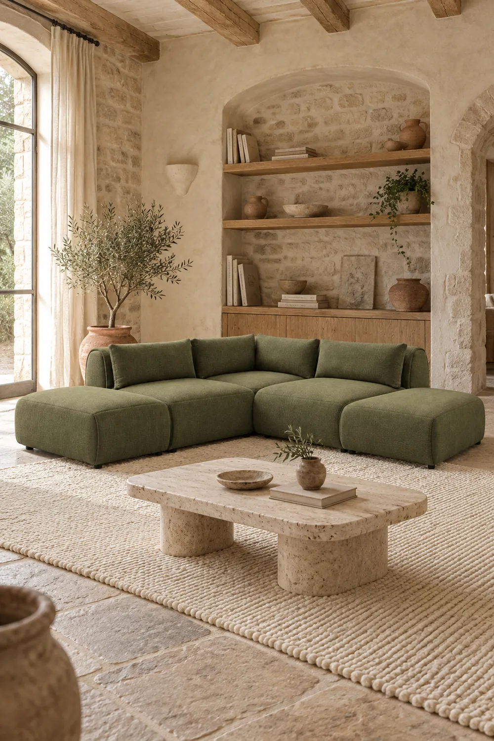 Vue d'ensemble du canapé Jeanne Bobochic 3 places en velours, coloris vert, style contemporain, dans un salon (mise en situation illustrée par IA)