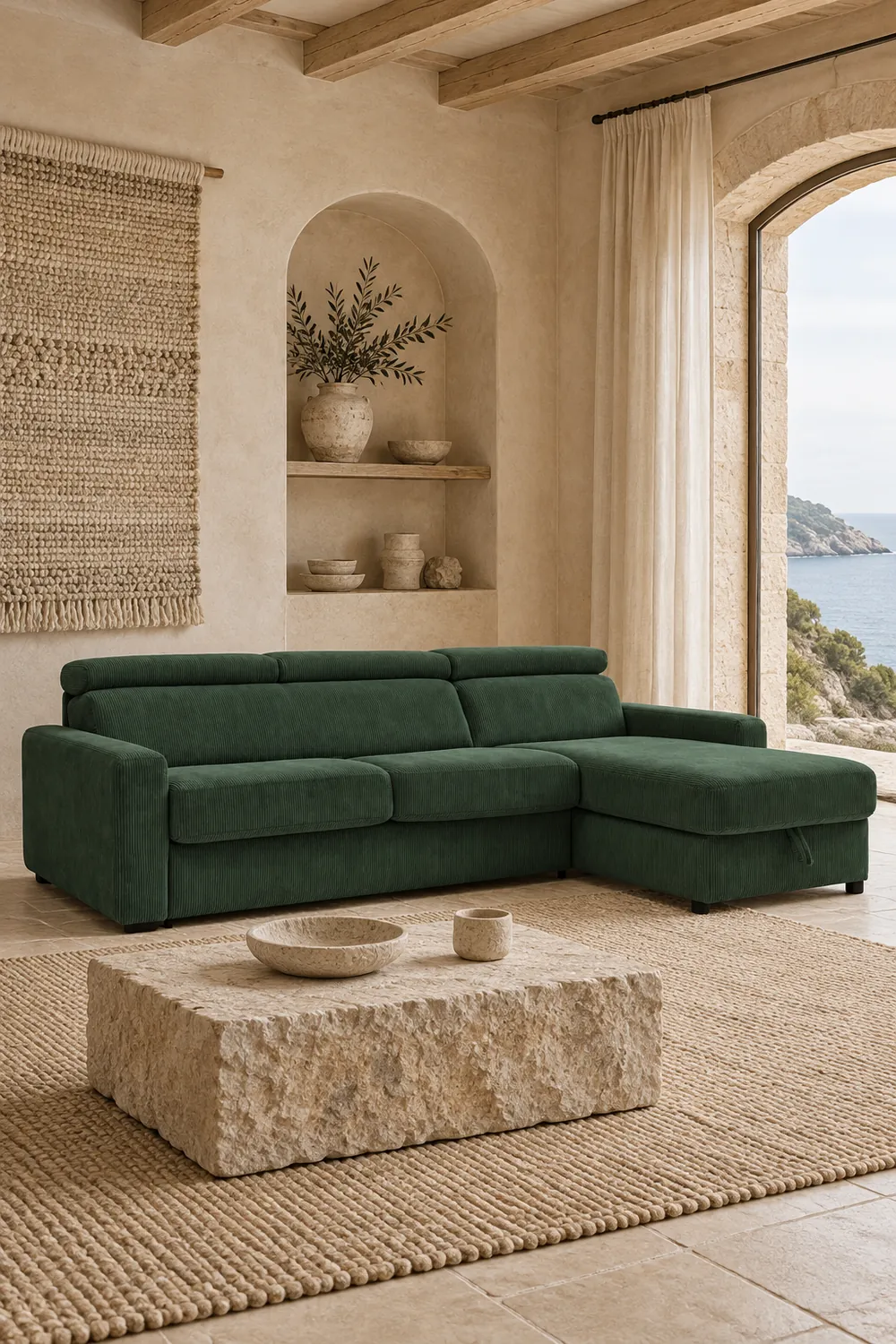 Vue d'ensemble du canapé Monaco Bobochic d'angle convertible en velours, coloris vert, style minimaliste, dans un salon (mise en situation illustrée par IA)