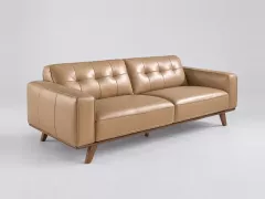 Canapé Chester Maisons du Monde, 3 places droit fixe, cuir, coloris sable et pied noyer