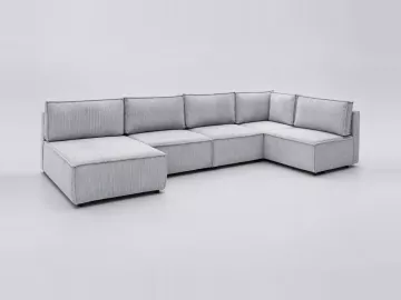 Canapé Nihad Bobochic, 6 places d'angle fixe modulable (3 chauffeuses, 1 angle et 1 méridienne), velours côtelé, coloris gris clair
