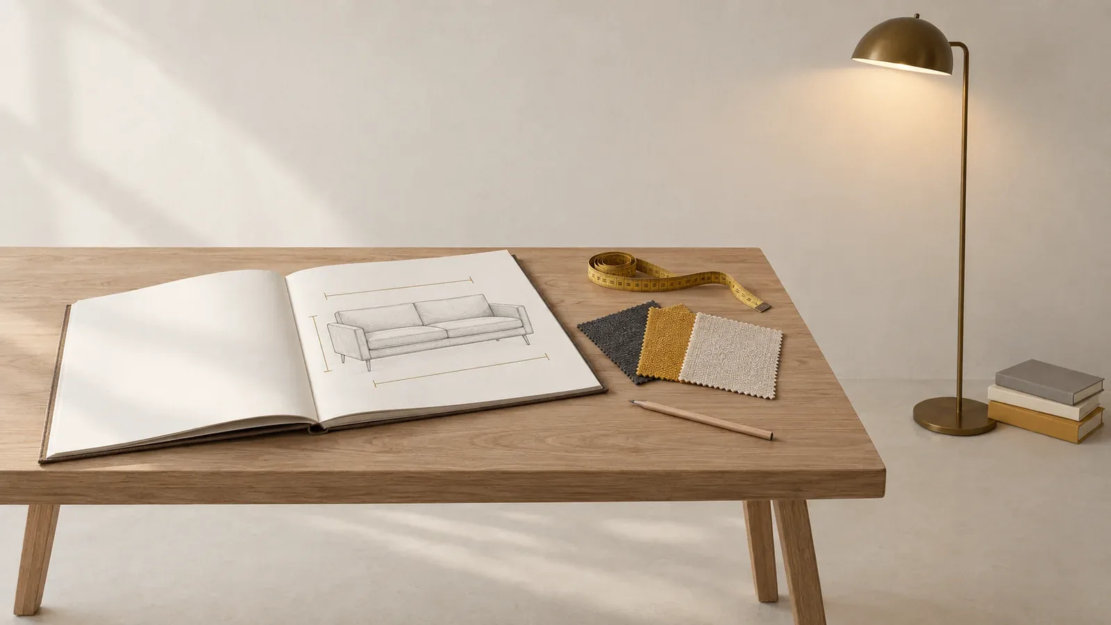 Illustration : une table de travail, un carnet où un canapé est dessiné avec ses cotes, un mètre ruban et des échantillons de tissu