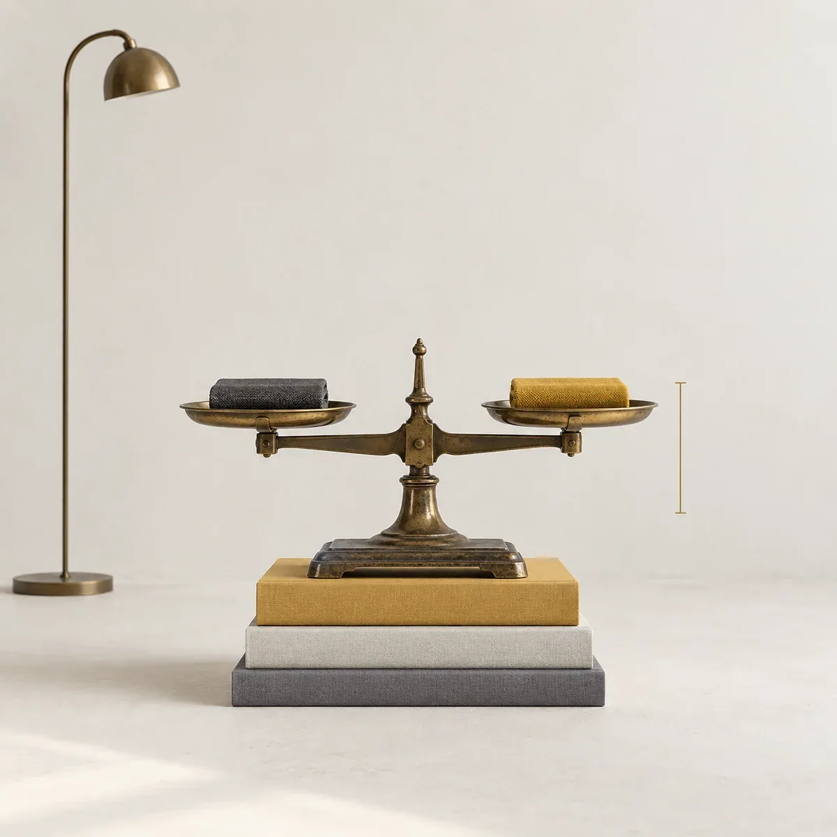 Illustration : une balance en bronze à l’équilibre, un échantillon de tissu sur chaque plateau