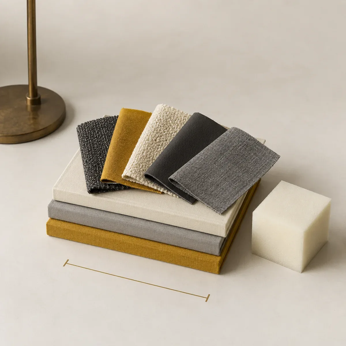 Illustration : des échantillons de revêtements posés sur une pile de livres, un cube de mousse