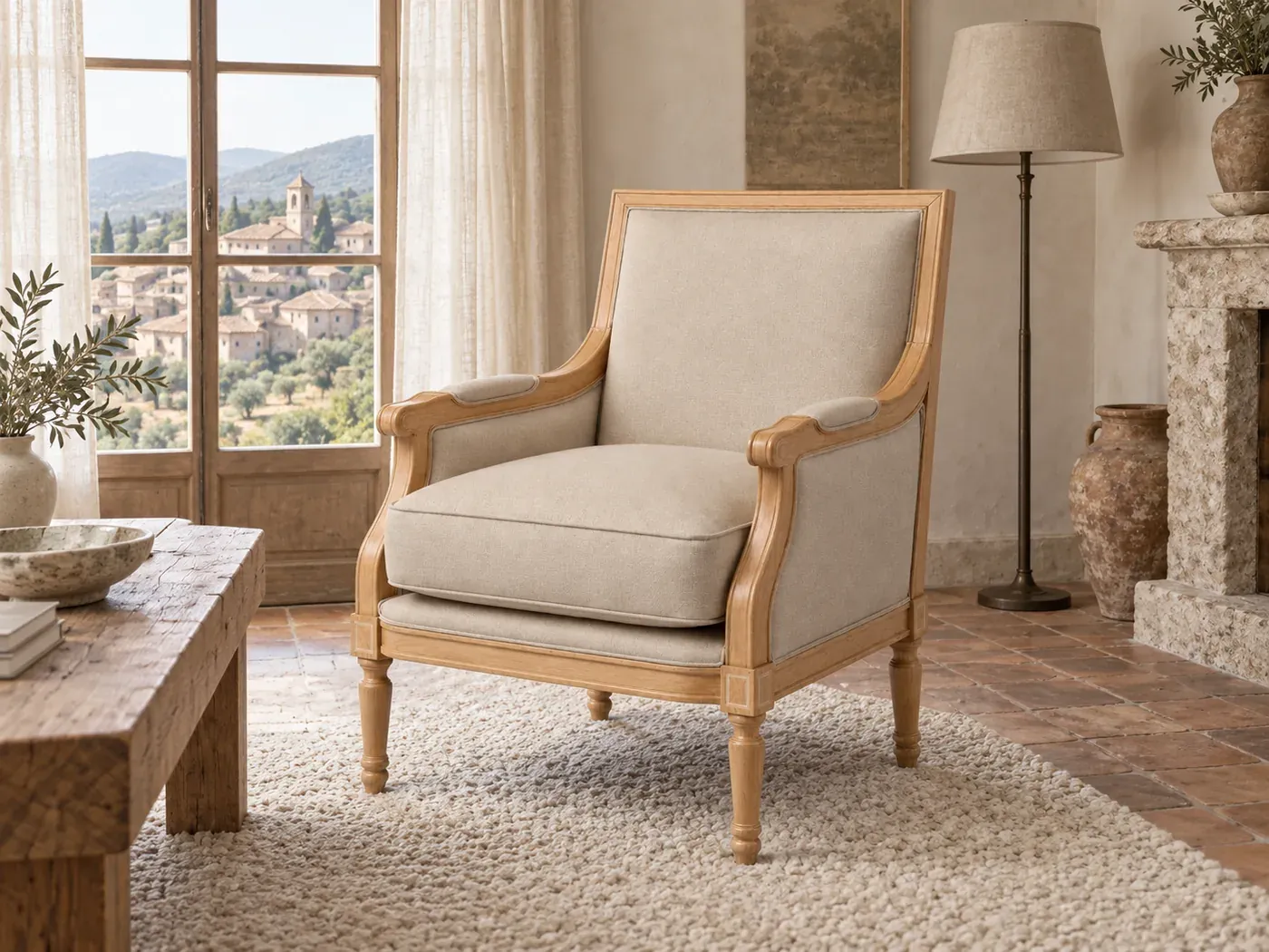 Fauteuil Casanova Maisons du Monde, mise en situation dans un salon (illustration IA 3)