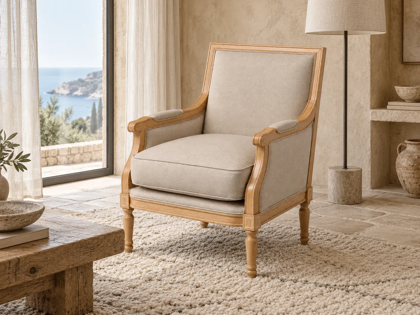 Fauteuil Casanova Maisons du Monde, mise en situation dans un salon (illustration IA 4)