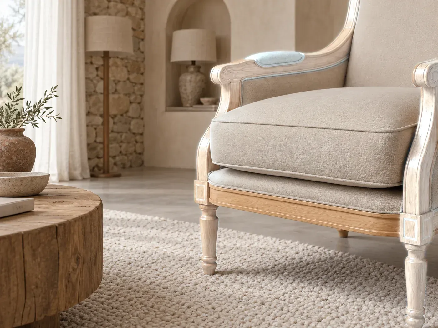 Fauteuil Casanova Maisons du Monde, mise en situation dans un salon (illustration IA 5)
