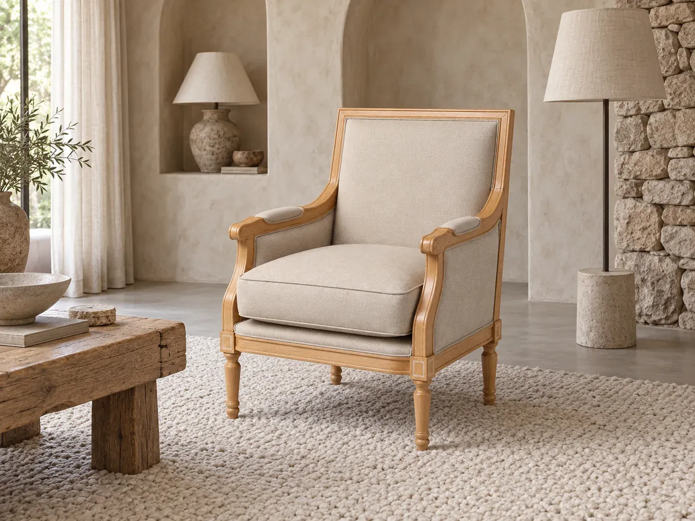 Fauteuil Casanova Maisons du Monde, mise en situation dans un salon (illustration IA 6)