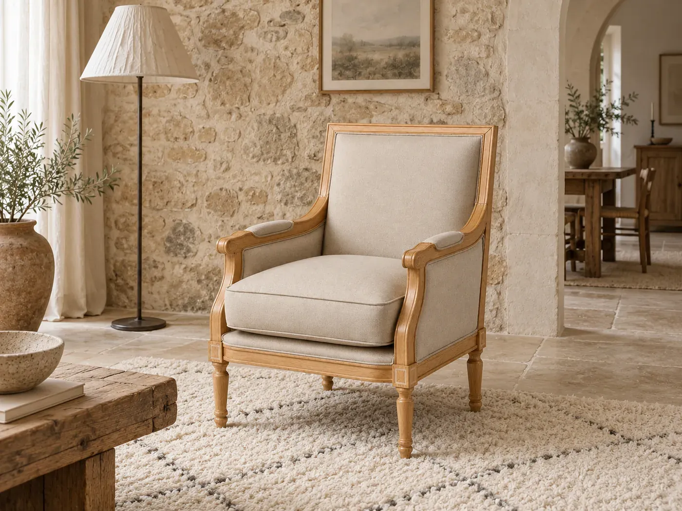 Fauteuil Casanova Maisons du Monde, mise en situation dans un salon (illustration IA 7)