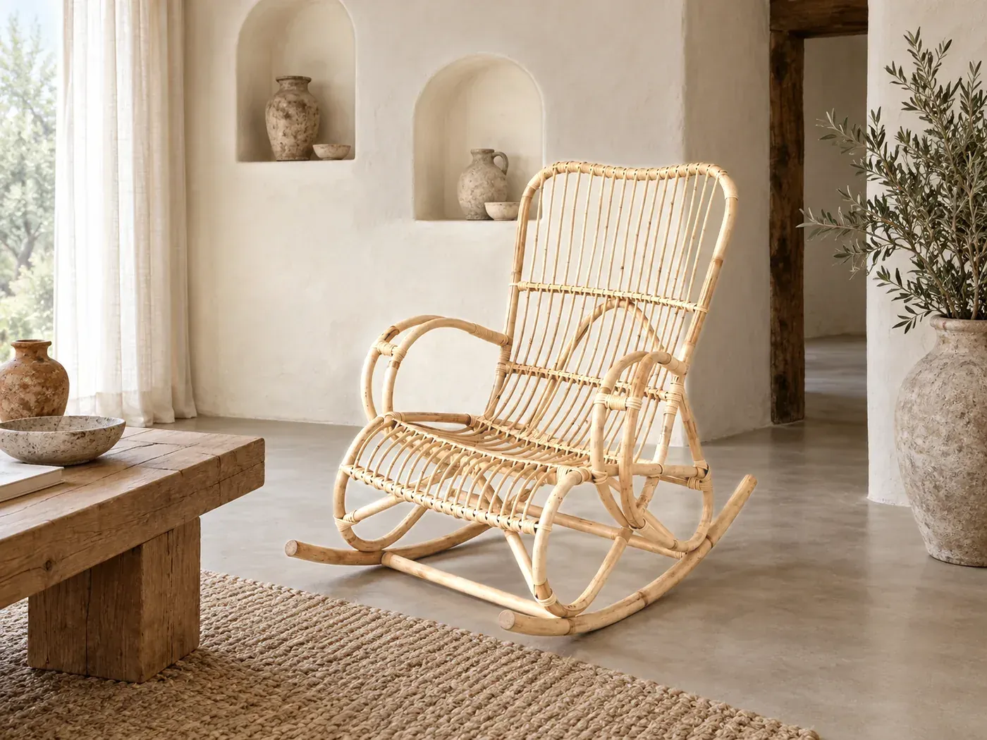 Rocking Chair Louisiane Maisons du Monde, mise en situation dans un salon (illustration IA 3)