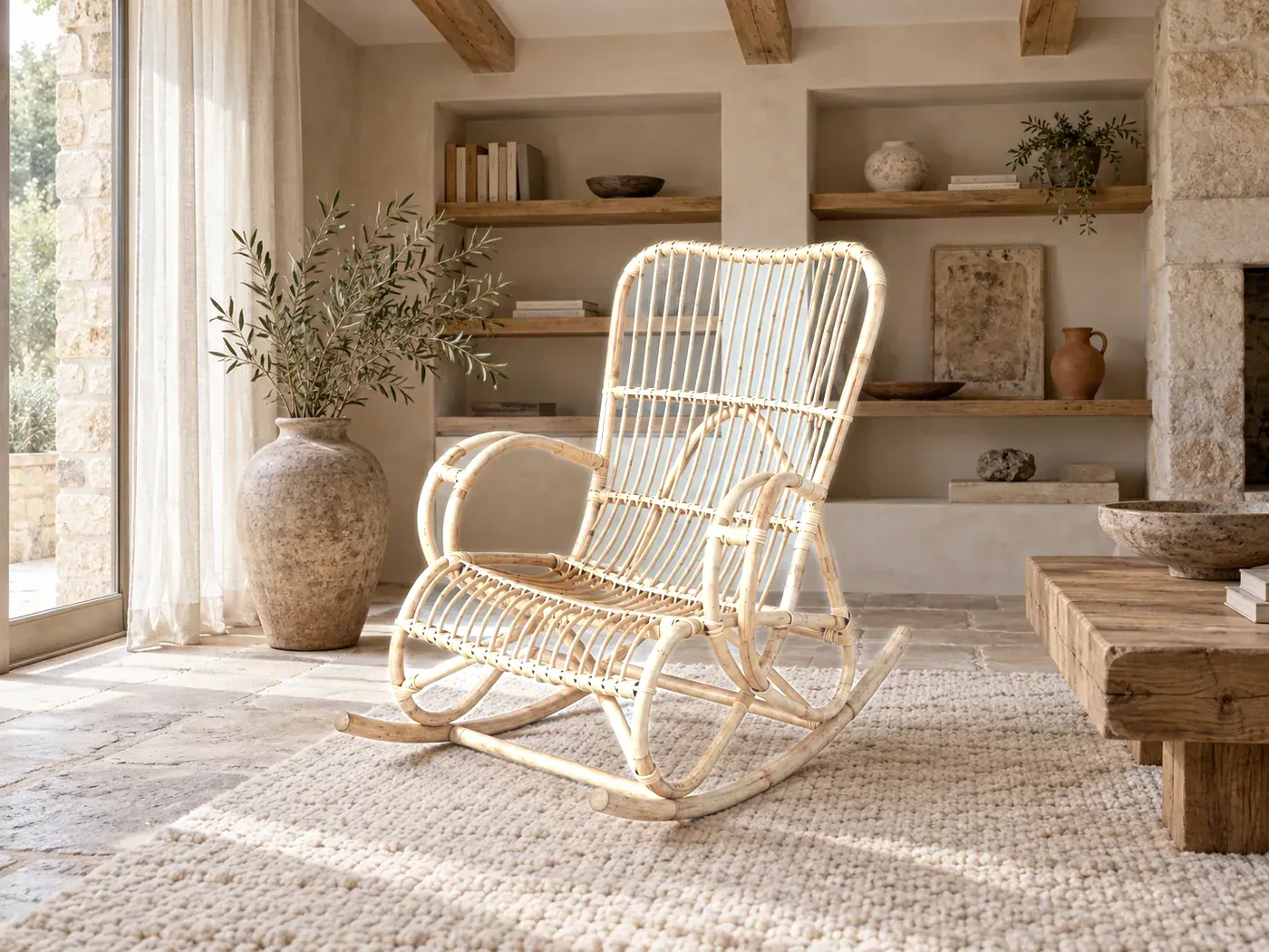 Rocking Chair Louisiane Maisons du Monde, mise en situation dans un salon (illustration IA 4)